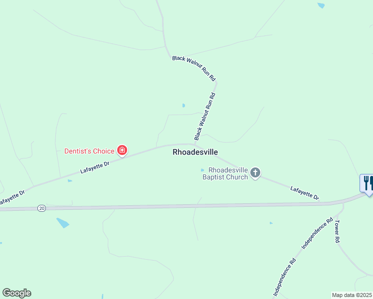 map of restaurants, bars, coffee shops, grocery stores, and more near 25400 Lafayette Drive in Rhoadesville