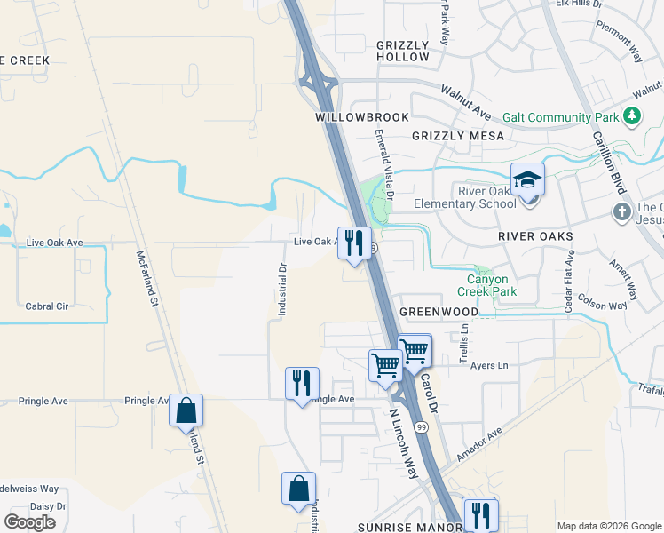 map of restaurants, bars, coffee shops, grocery stores, and more near 1040 North Lincoln Way in Galt