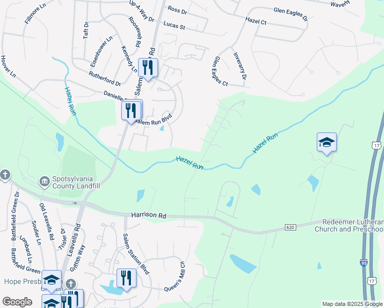 map of restaurants, bars, coffee shops, grocery stores, and more near 4 Twin Springs Drive in Fredericksburg