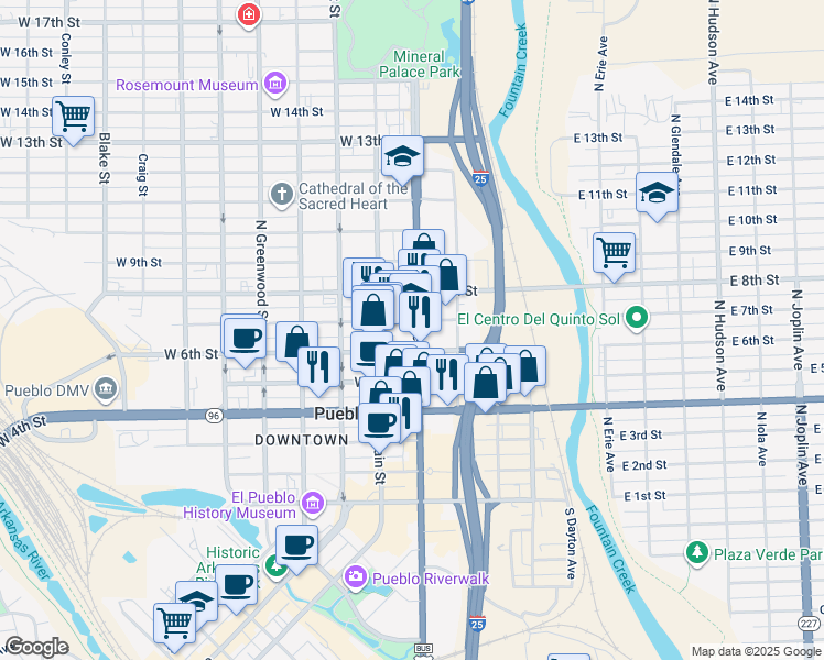 map of restaurants, bars, coffee shops, grocery stores, and more near 104 West 7th Street in Pueblo