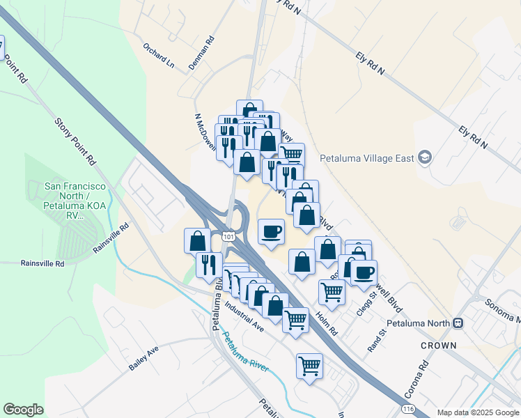 map of restaurants, bars, coffee shops, grocery stores, and more near Redwood Hwy N in Petaluma
