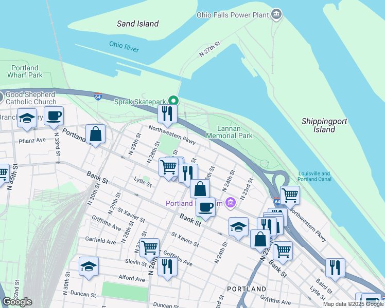 map of restaurants, bars, coffee shops, grocery stores, and more near 2531 Montgomery Street in Louisville