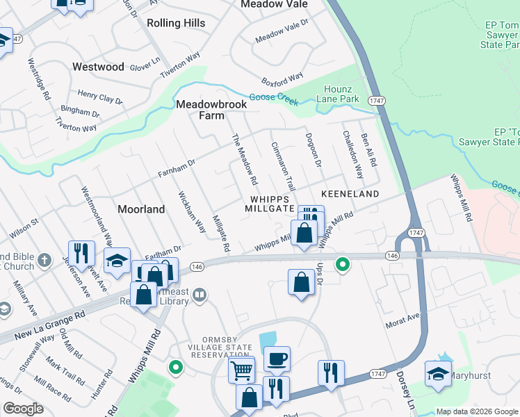 map of restaurants, bars, coffee shops, grocery stores, and more near 1707 Meadowgate Lane in Louisville