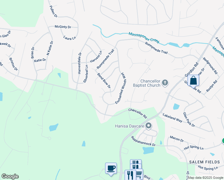 map of restaurants, bars, coffee shops, grocery stores, and more near 11507 Bend Bow Dr in Fredericksburg