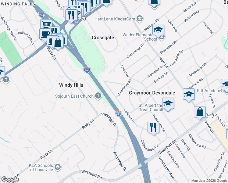 map of restaurants, bars, coffee shops, grocery stores, and more near 1513 Carlimar Lane in Louisville