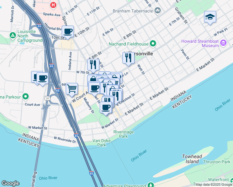 map of restaurants, bars, coffee shops, grocery stores, and more near 410 Wall Street in Jeffersonville