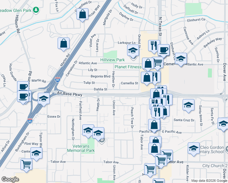 map of restaurants, bars, coffee shops, grocery stores, and more near 293 Camellia Street in Fairfield
