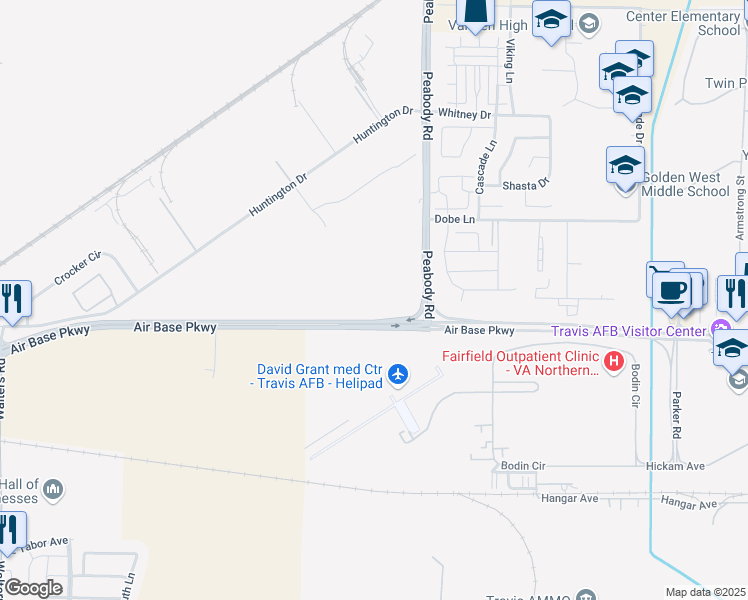 map of restaurants, bars, coffee shops, grocery stores, and more near 2600 Stanford Court in Fairfield