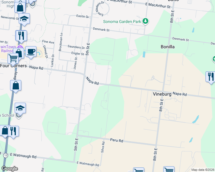 map of restaurants, bars, coffee shops, grocery stores, and more near 614 Napa Road in Sonoma