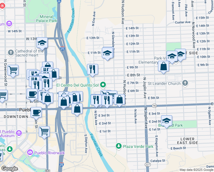 map of restaurants, bars, coffee shops, grocery stores, and more near 709 East 7th Street in Pueblo