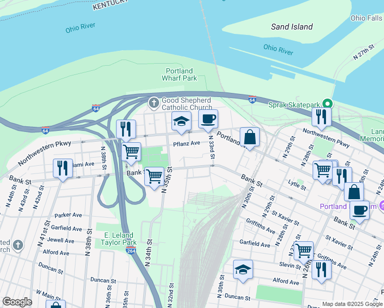 map of restaurants, bars, coffee shops, grocery stores, and more near 3404 Pflanz Avenue in Louisville