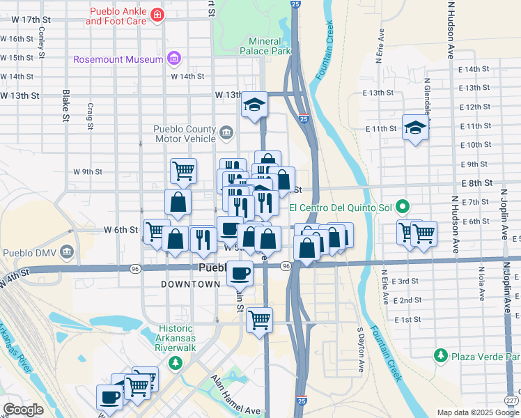 map of restaurants, bars, coffee shops, grocery stores, and more near 104 West 7th Street in Pueblo