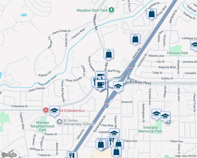 map of restaurants, bars, coffee shops, grocery stores, and more near 2491 Vista Grande in Fairfield