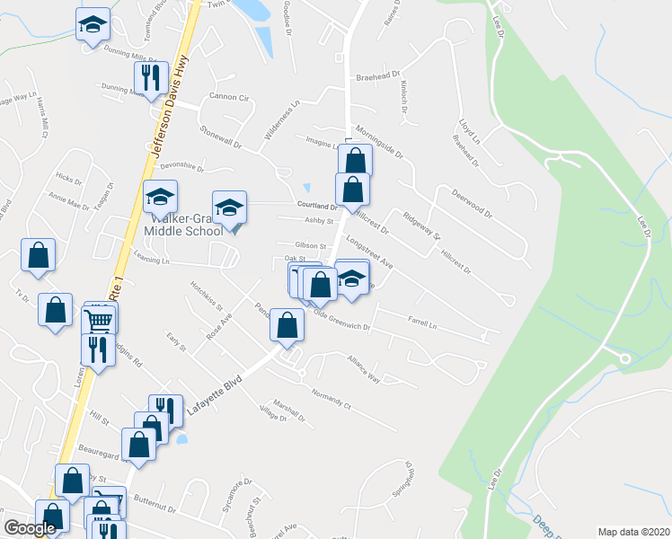 map of restaurants, bars, coffee shops, grocery stores, and more near 2403 Lafayette Boulevard in Fredericksburg