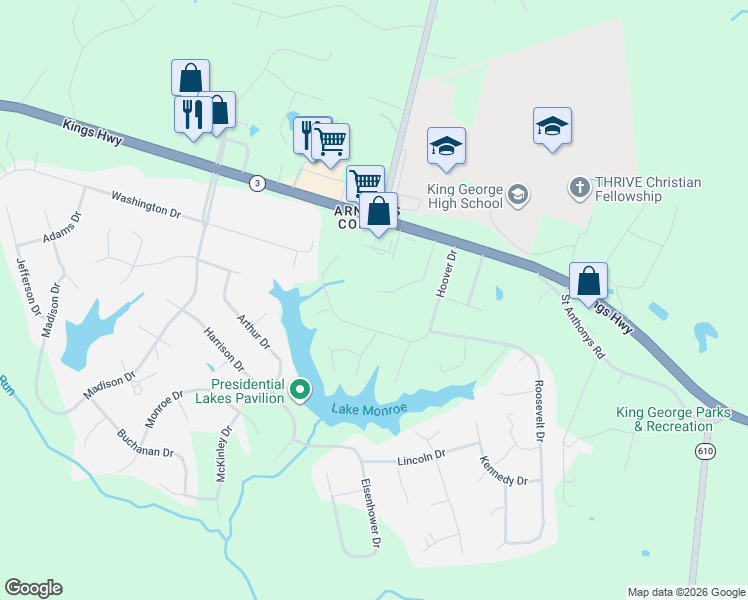 map of restaurants, bars, coffee shops, grocery stores, and more near 349 Hoover Drive in King George