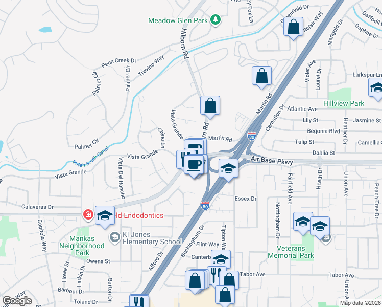 map of restaurants, bars, coffee shops, grocery stores, and more near 2491 Vista Grande in Fairfield