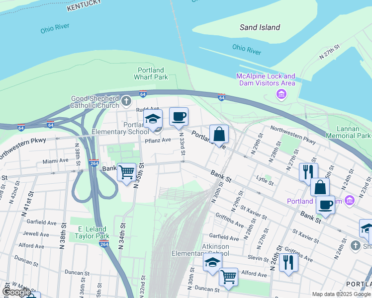 map of restaurants, bars, coffee shops, grocery stores, and more near 3204 Portland Avenue in Louisville