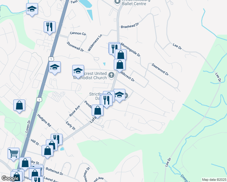 map of restaurants, bars, coffee shops, grocery stores, and more near 2403 Lafayette Boulevard in Fredericksburg