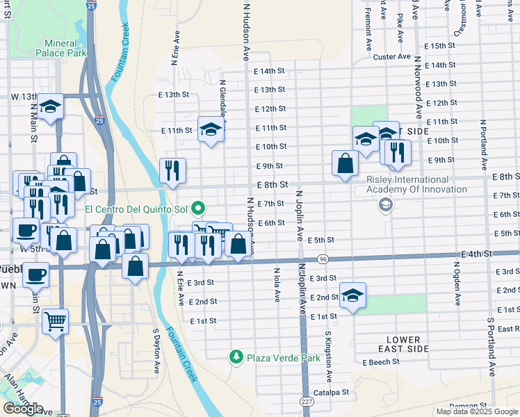 map of restaurants, bars, coffee shops, grocery stores, and more near 906 East 7th Street in Pueblo