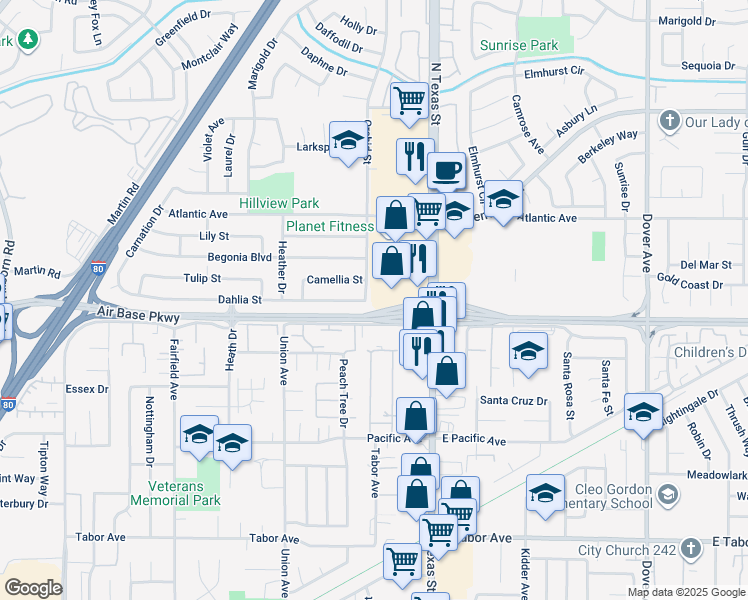 map of restaurants, bars, coffee shops, grocery stores, and more near 205 Camellia Street in Fairfield