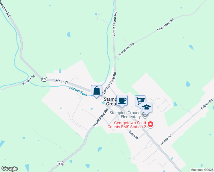 map of restaurants, bars, coffee shops, grocery stores, and more near 148 Locust Fork Road in Stamping Ground