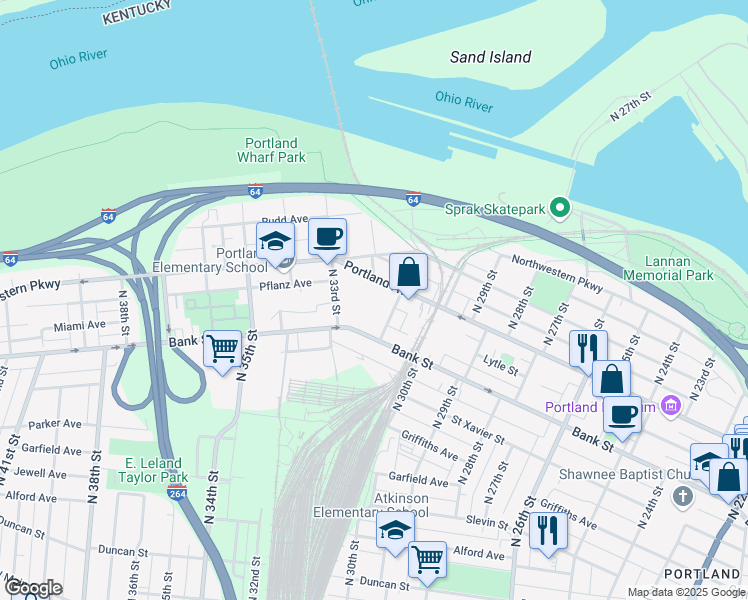 map of restaurants, bars, coffee shops, grocery stores, and more near 3126 Portland Avenue in Louisville