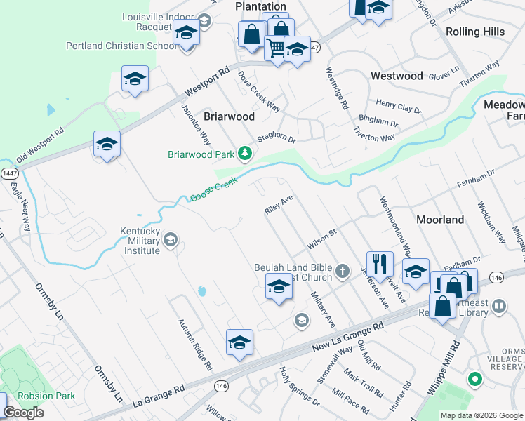 map of restaurants, bars, coffee shops, grocery stores, and more near 8801 Riley Avenue in Louisville