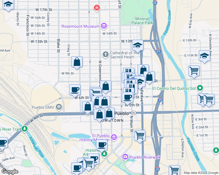 map of restaurants, bars, coffee shops, grocery stores, and more near 326 West 8th Street in Pueblo