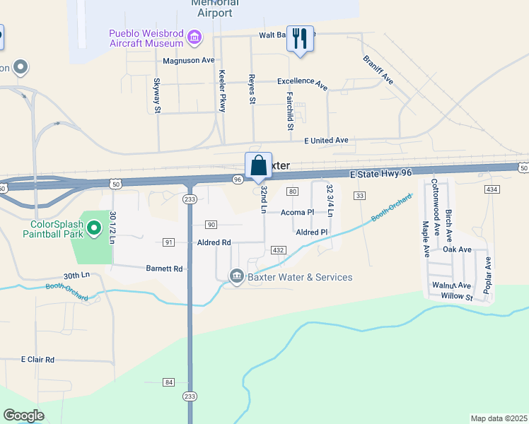 map of restaurants, bars, coffee shops, grocery stores, and more near 32059 Acoma Road in Pueblo