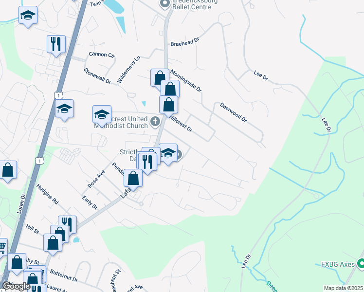 map of restaurants, bars, coffee shops, grocery stores, and more near 120 Longstreet Avenue in Fredericksburg