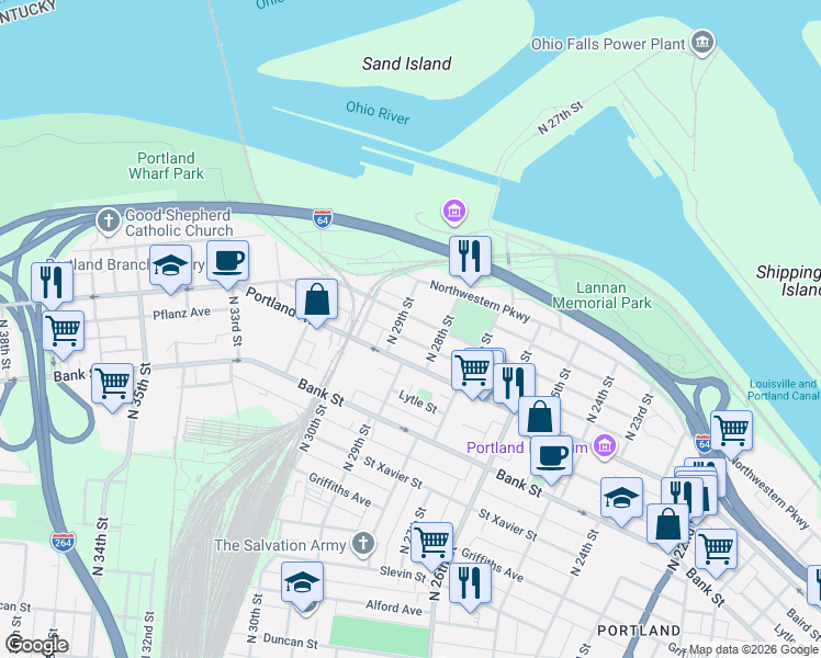 map of restaurants, bars, coffee shops, grocery stores, and more near 2828 Montgomery Street in Louisville