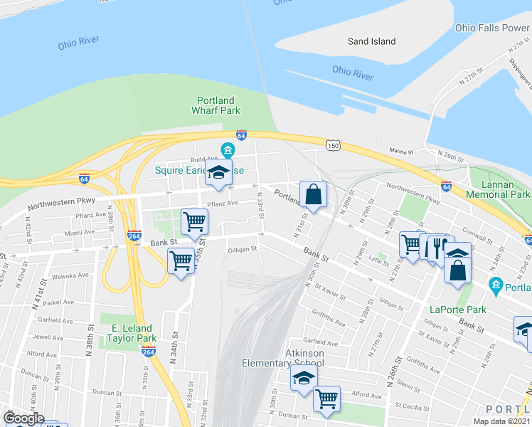 map of restaurants, bars, coffee shops, grocery stores, and more near 3204 Portland Avenue in Louisville