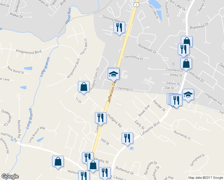 map of restaurants, bars, coffee shops, grocery stores, and more near Jefferson Davis Highway in Fredericksburg