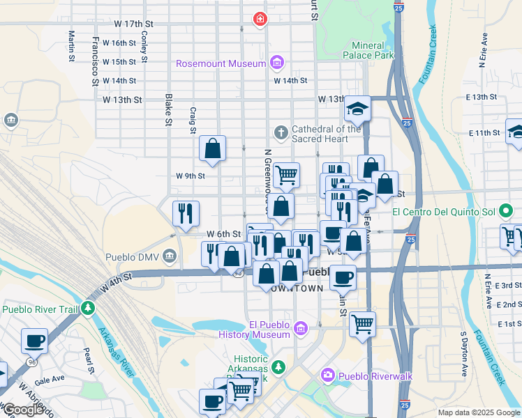 map of restaurants, bars, coffee shops, grocery stores, and more near 720 North Greenwood Street in Pueblo
