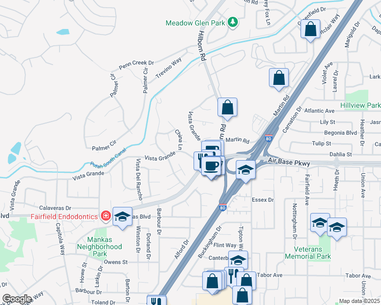 map of restaurants, bars, coffee shops, grocery stores, and more near 2509 China Court in Fairfield