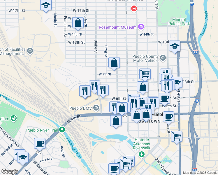 map of restaurants, bars, coffee shops, grocery stores, and more near 720 West 8th Street in Pueblo