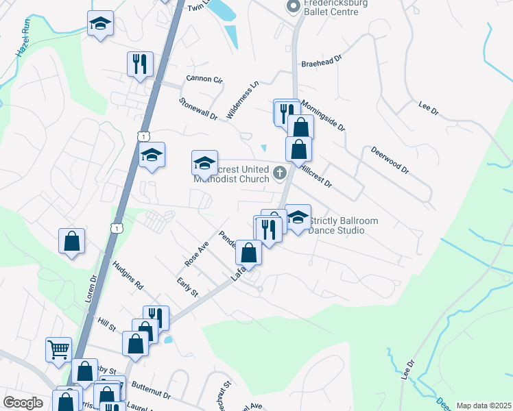 map of restaurants, bars, coffee shops, grocery stores, and more near 112 Oak Street in Fredericksburg