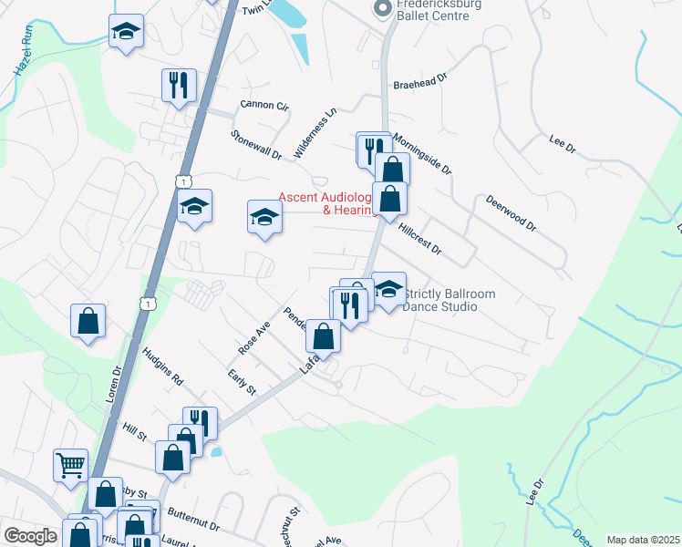 map of restaurants, bars, coffee shops, grocery stores, and more near 108 Oak Street in Fredericksburg