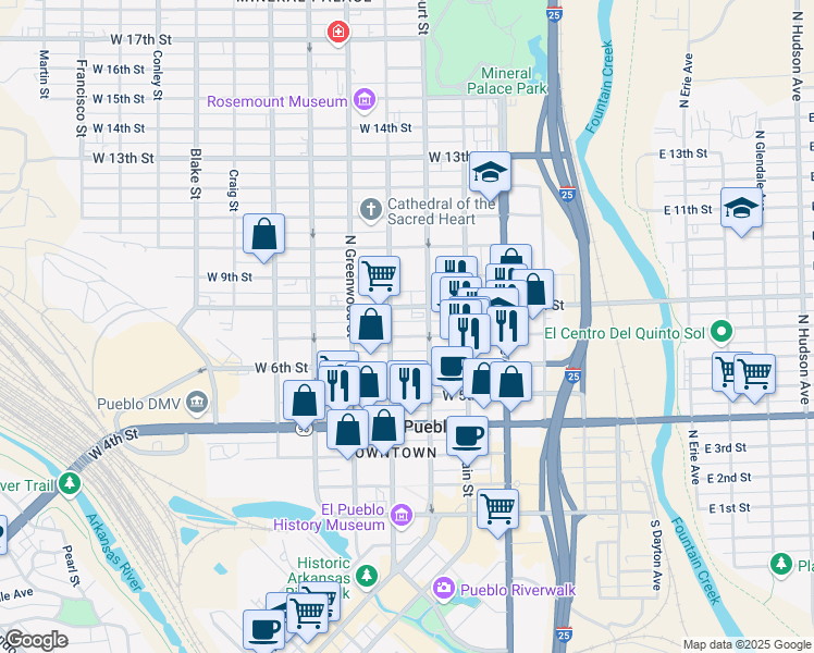 map of restaurants, bars, coffee shops, grocery stores, and more near 326 West 8th Street in Pueblo