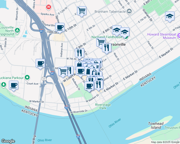 map of restaurants, bars, coffee shops, grocery stores, and more near 438 Spring Street in Jeffersonville