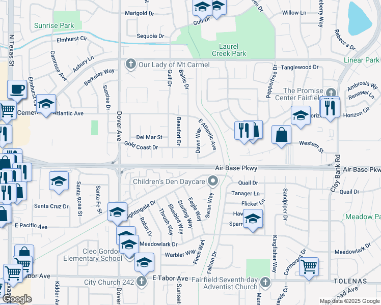 map of restaurants, bars, coffee shops, grocery stores, and more near 2386 Baltic Court in Fairfield