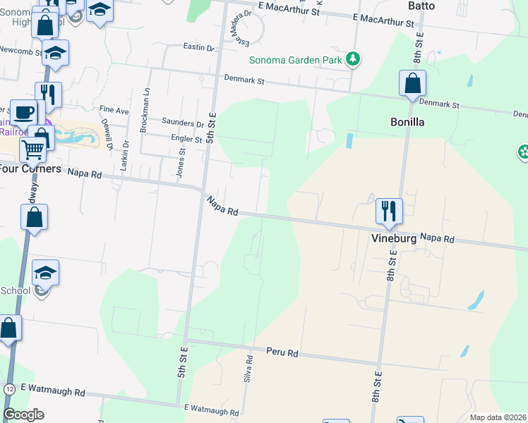 map of restaurants, bars, coffee shops, grocery stores, and more near 614 Napa Road in Sonoma