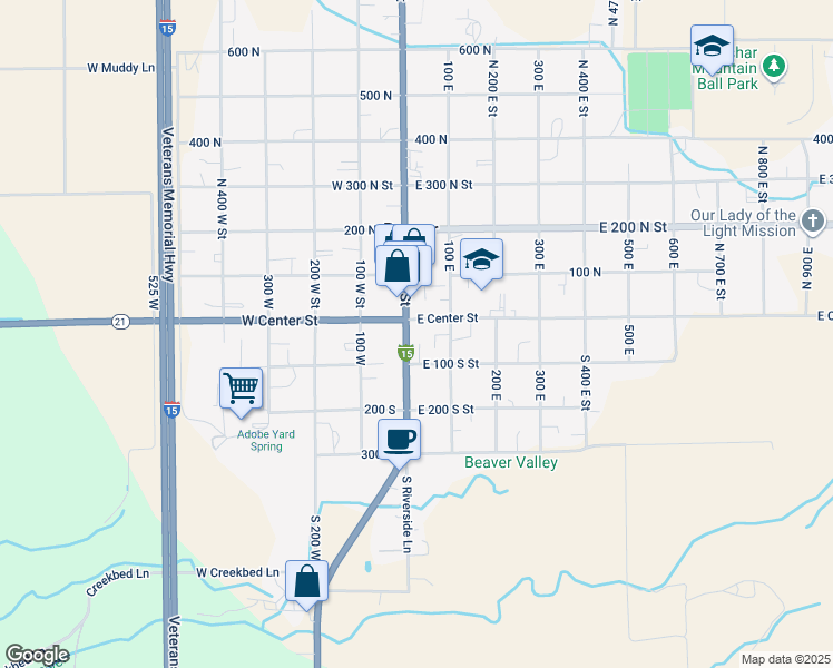 map of restaurants, bars, coffee shops, grocery stores, and more near 55 South Main Street in Beaver