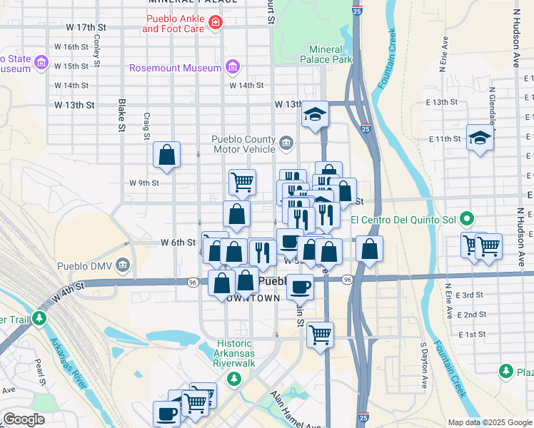 map of restaurants, bars, coffee shops, grocery stores, and more near 701 Court Street in Pueblo