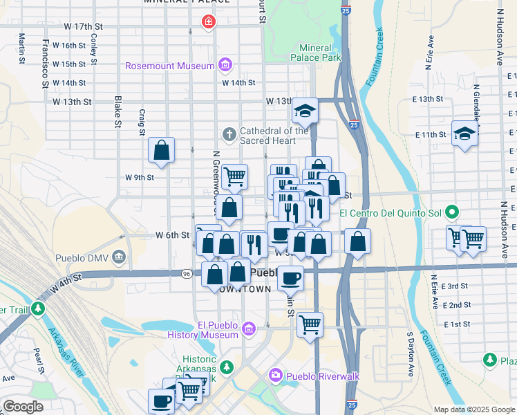 map of restaurants, bars, coffee shops, grocery stores, and more near 701 Court Street in Pueblo
