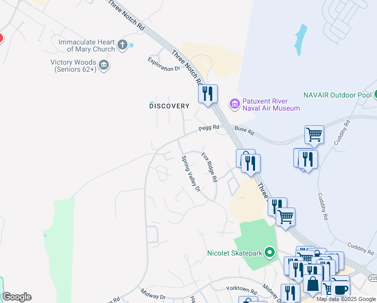 map of restaurants, bars, coffee shops, grocery stores, and more near 22094 Fox Ridge Road in Lexington Park
