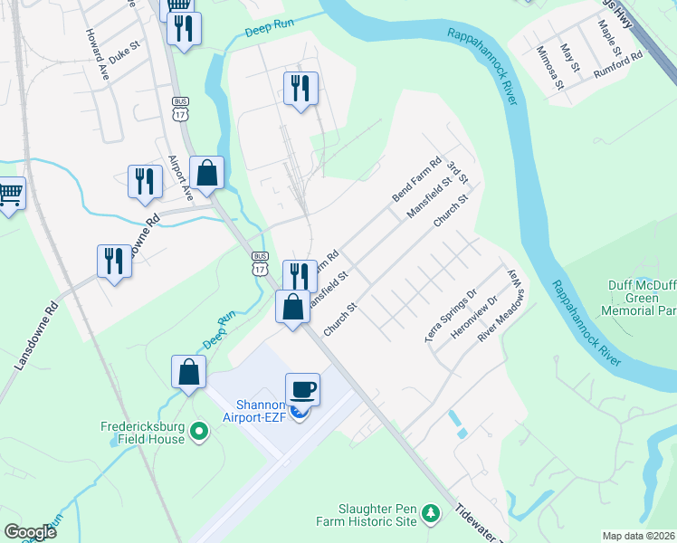 map of restaurants, bars, coffee shops, grocery stores, and more near 140 Mansfield Street in Fredericksburg