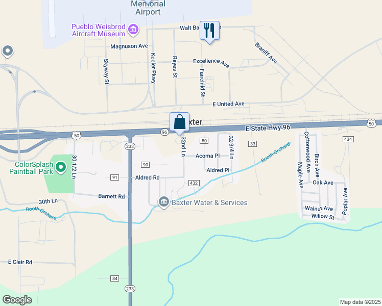 map of restaurants, bars, coffee shops, grocery stores, and more near 32059 Acoma Road in Pueblo