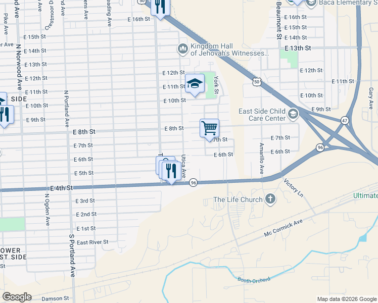 map of restaurants, bars, coffee shops, grocery stores, and more near 2203 East 6th Street in Pueblo