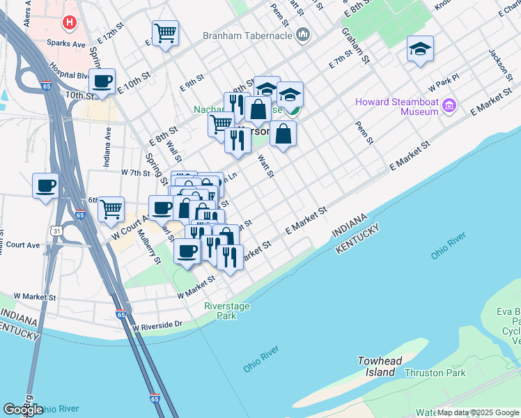 map of restaurants, bars, coffee shops, grocery stores, and more near 321 East Chestnut Street in Jeffersonville